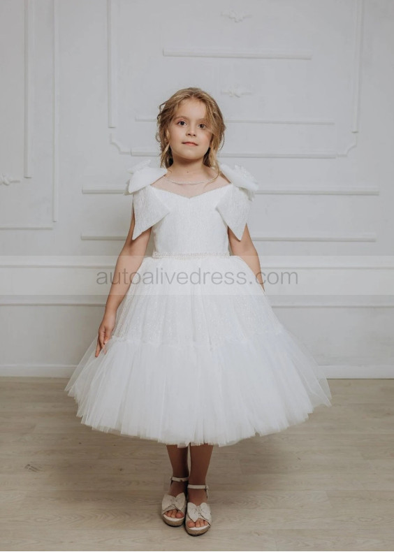 Beaded Ivory Glitter Lace Tulle Flower Girl Dress With Bows